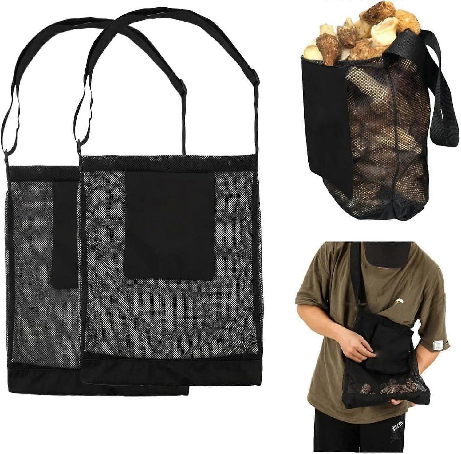 2 Pieces Mesh Mushroom Foraging Bag with Large Capacity, Adjustable Straps, Durable Edges, Black