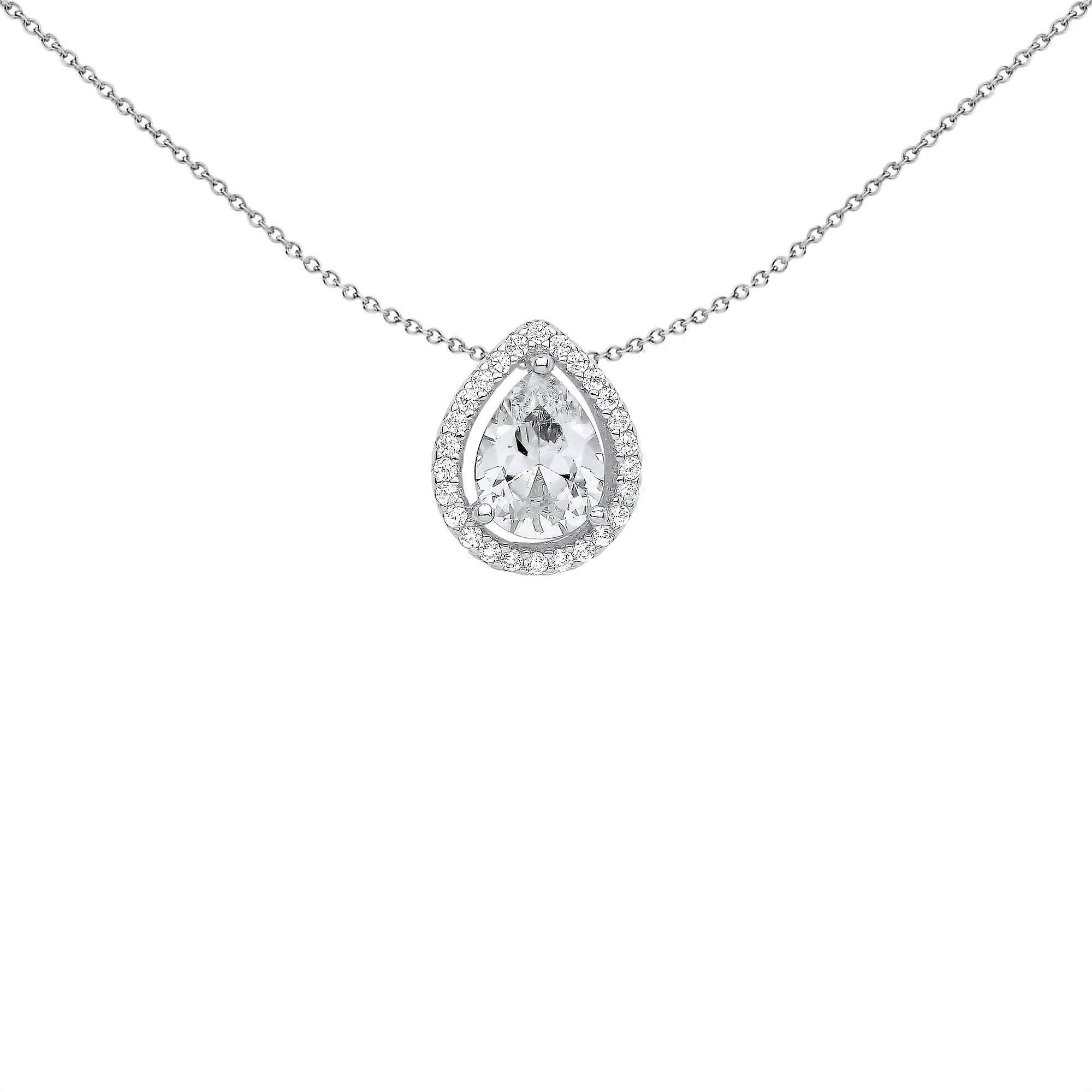 Jewelco London Ladies Rhodium Plated Sterling Silver Pear CZ Tear Droplet Halo Solitaire Slider Pendant Necklace 18 inch