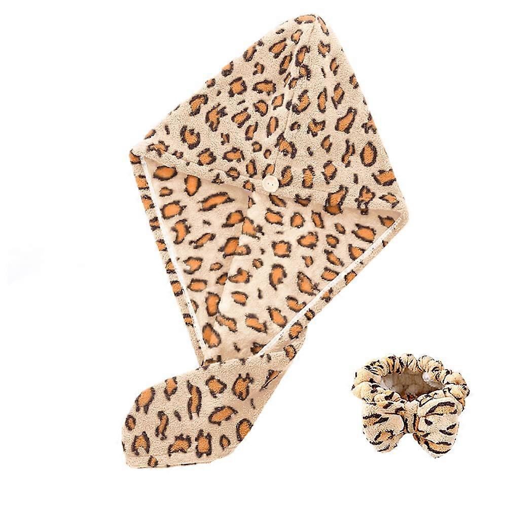 Microfiber Hair Towel Wrap Leopard Pattern Quick Dry Super Absorbent Turban with Button Closure