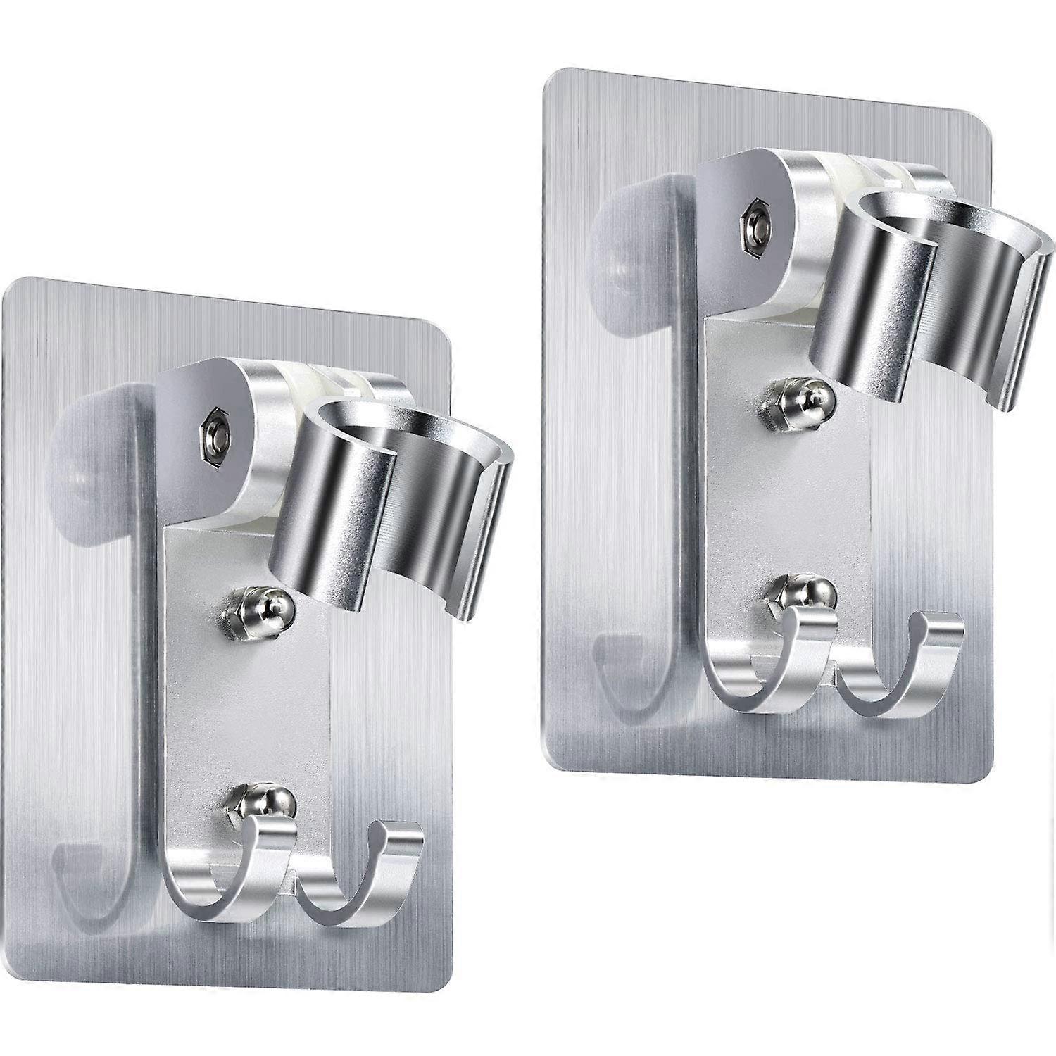 2 Pcs Shower Head Holder Adjustable 90° Angle Wall Mounted Bracket with Strong Adhesive and Hooks No Drill