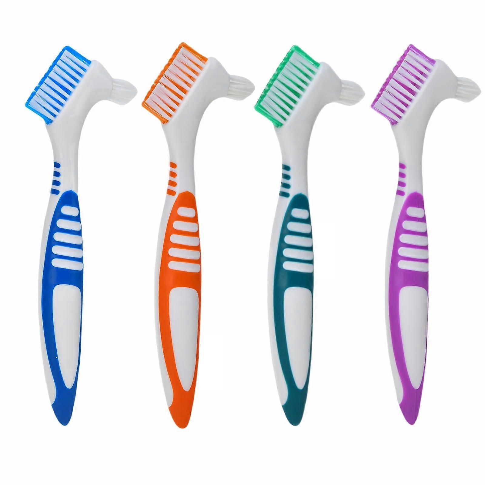 Denture Cleaning Brush 4Pack with DualAngle Heads, Soft Bristles, Ergonomic Grip and Travel Case