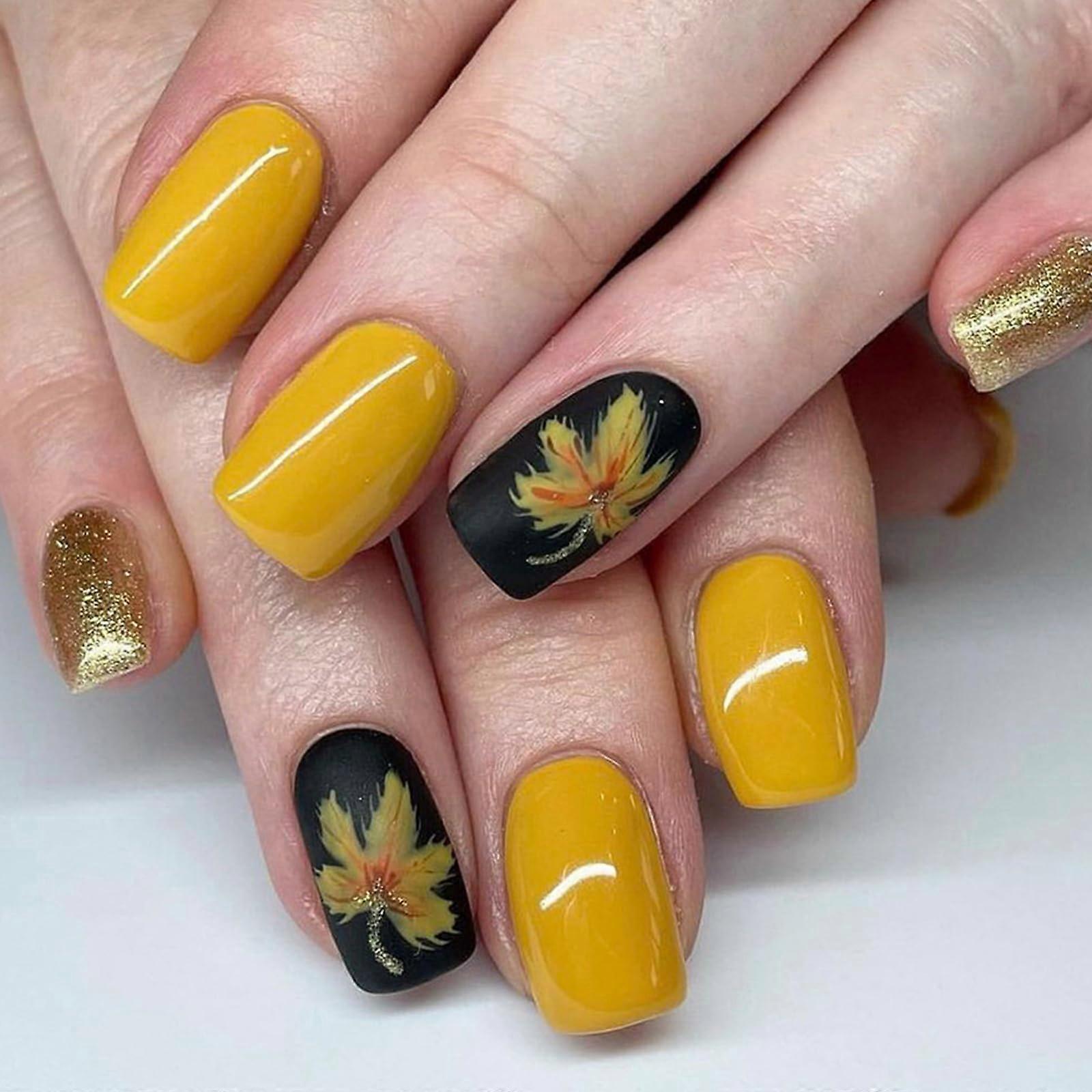Press on Nails Medium Square Yellow Glitter Fake Nails with Maple Leaf Design for Fall 24Pcs