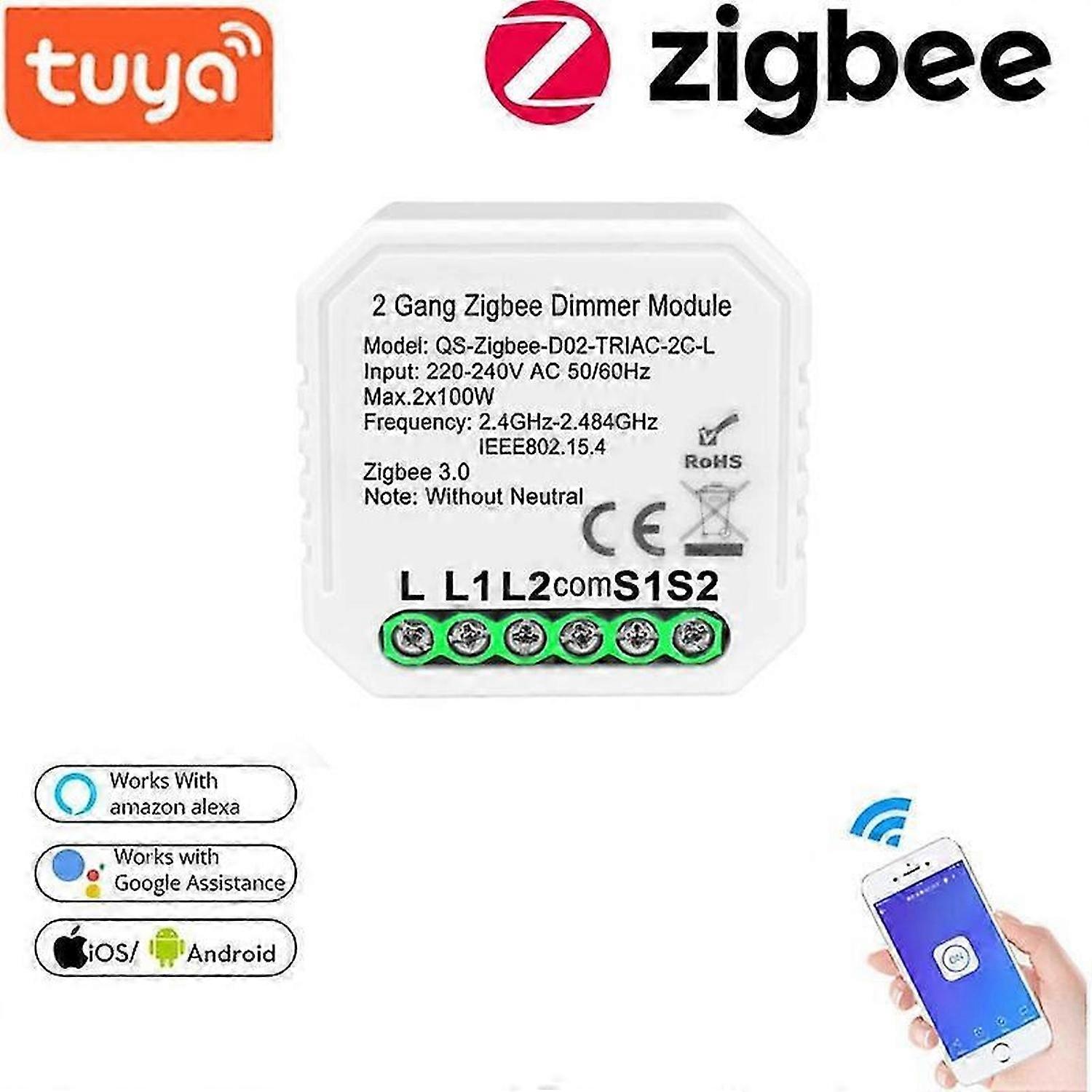 Tuya Zigbee 3.0 Dimmer Smart Switch Module No Neutral 2 Way Remote Control