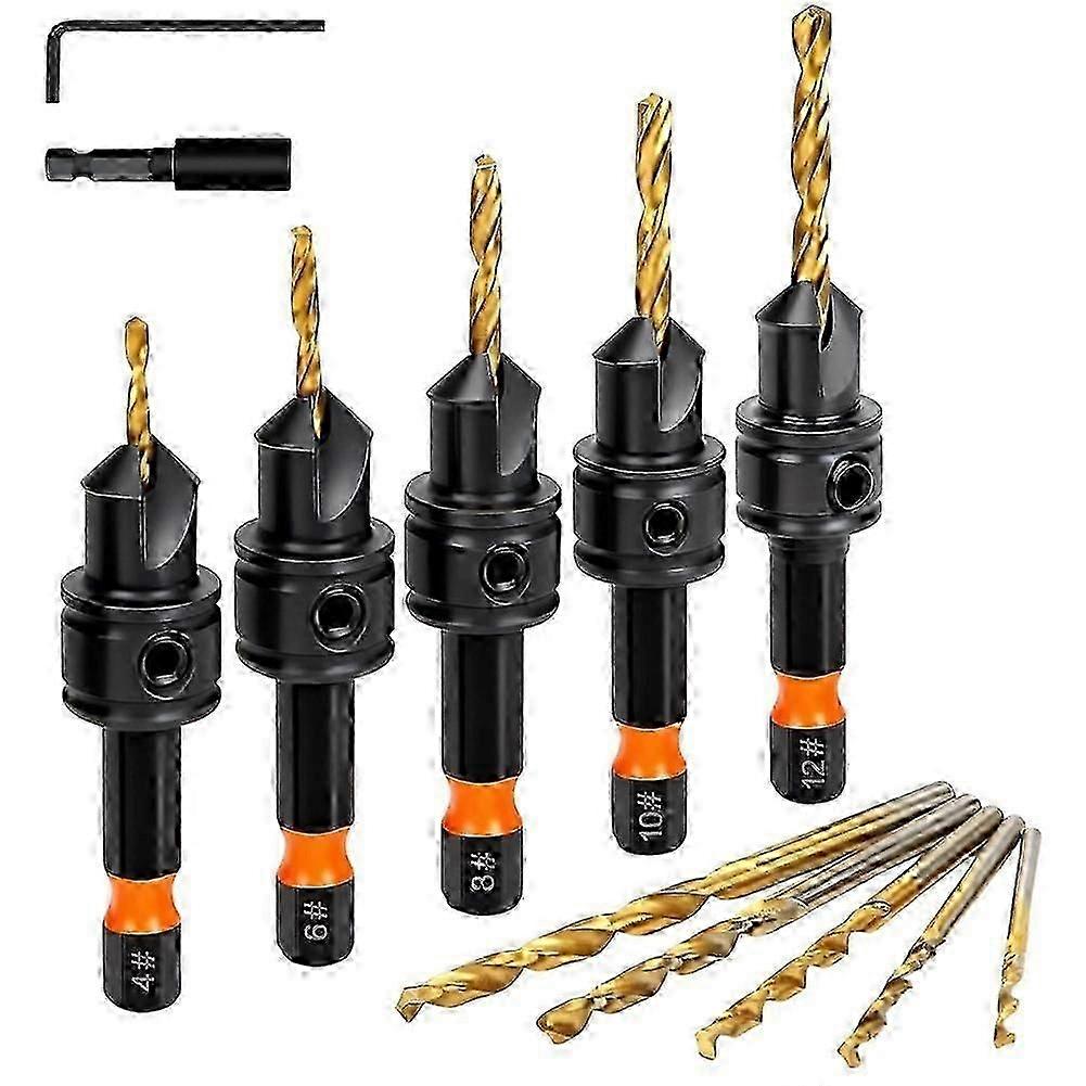 Countersink Drill Bit Set compatible withWood, 12pcs with Titanium Coated Hex Shank, Adjustable Depth