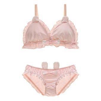 Japansk Lolita Kawaii 2-delt BH-trusesett for kvinner Søt, rufflet trim, søt kaninører, polstret bralette, sløyfe-thong, skolejenteundertøy