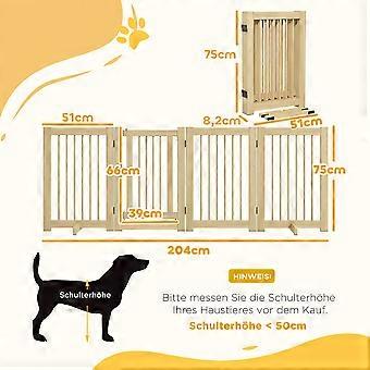 4-piece foldable dog gate, 204 x 75 cm, with door, freestanding, wooden dog gate with 2 support legs for hallway, kitchen, stairs, natural finish