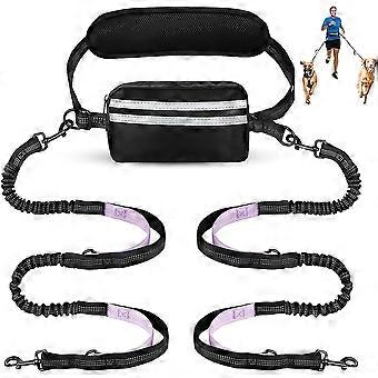 Hands-Free Dog Leash 1-to-2 with Waist Bag, Reflective Stripes, Adjustable Metal Clips for Walking Running