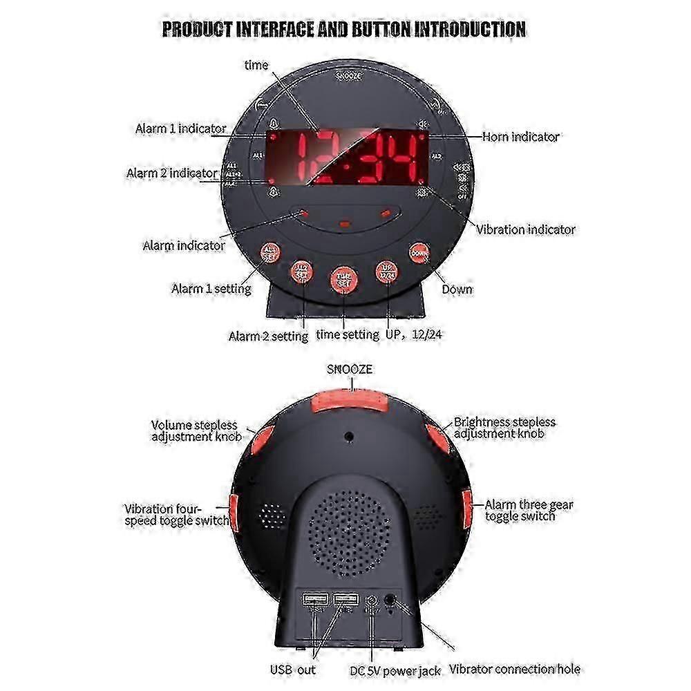 Loud alarm clock with bed vibration function. Strobe light and adjustable brightness (dB).