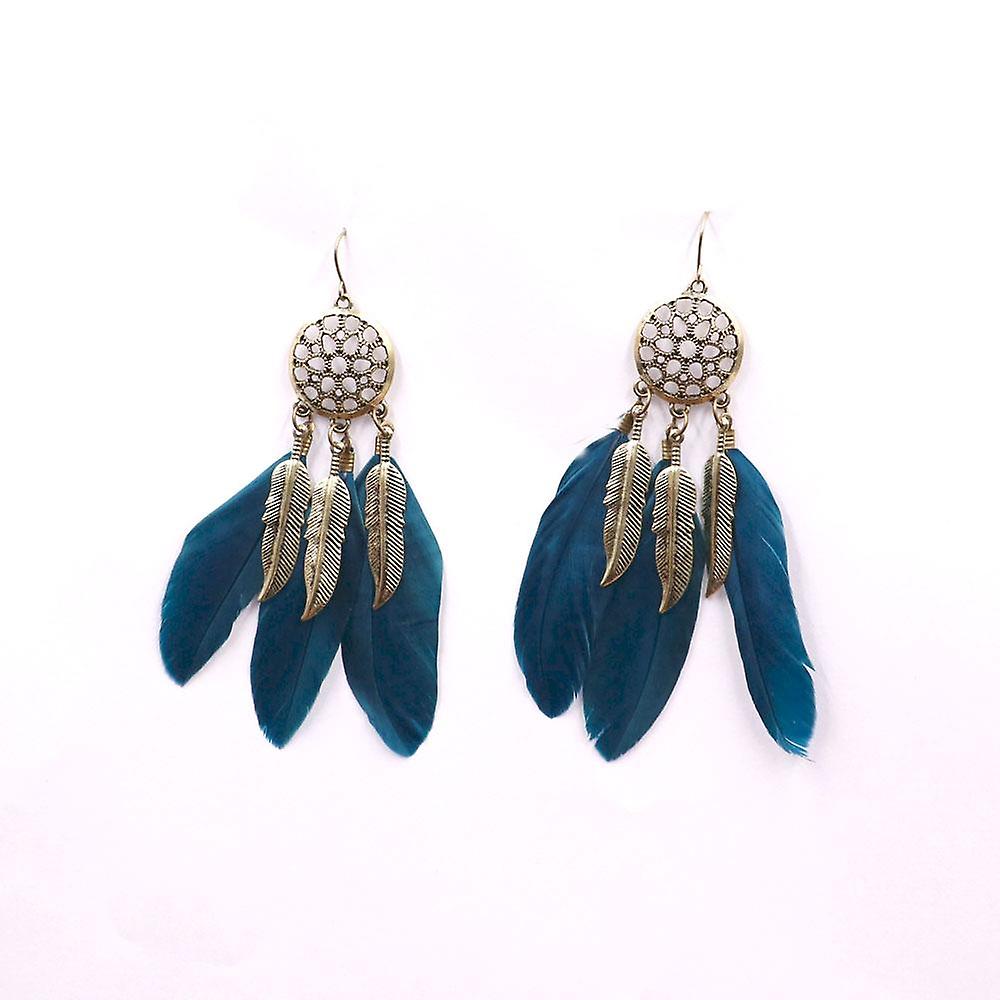 Vintage Bohemian Style 3-Drop Leaf Pattern Feather Dangle Hook Earrings Blue