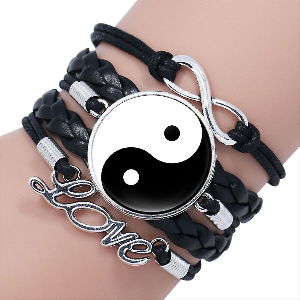 Tai Chi Decor PU Bracelet Yin-Yang Tai Ji Multi-Layer Alloy Wrist Jewelry Knitting Rope Adjustable Length for Men Women
