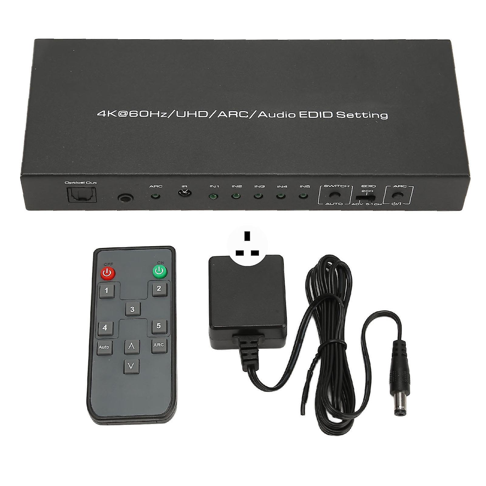 HDR HD Multimedia Interface Sound Extractor 5 Port 18 Gbit / s Sound Extractor Switch Box mit Fernbedienung ARC 100-240V UK-Stecker