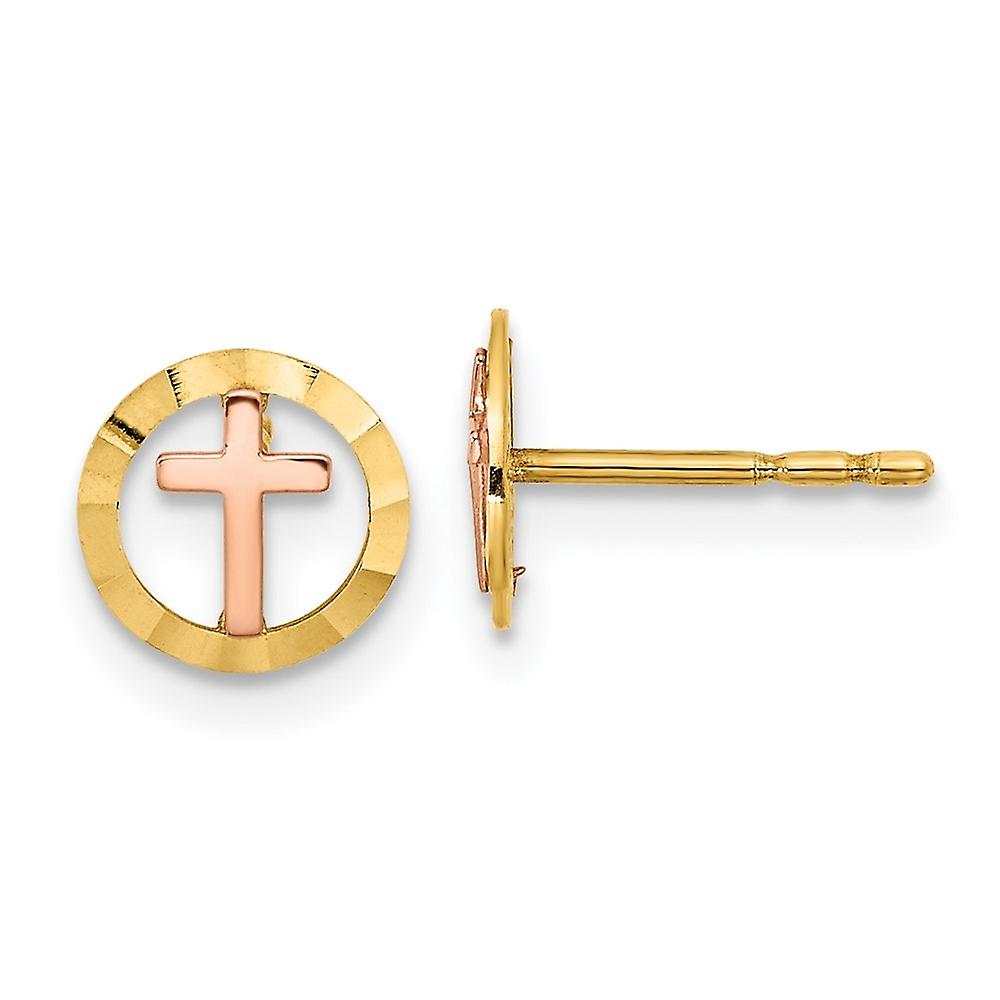 14k Two tone Gold Circle With Religious Faith Cross Post Earrings 7x7mm Wide Stud Earring for Women