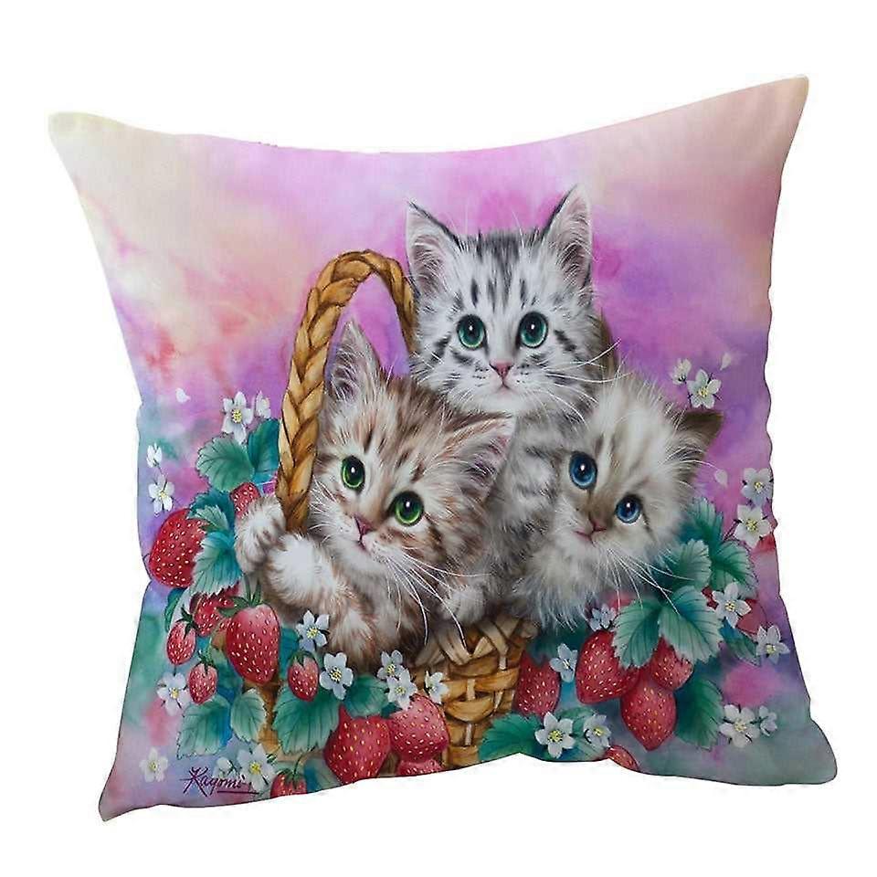 Adorable Strawberry Basket with Kittens Cushion Cover
