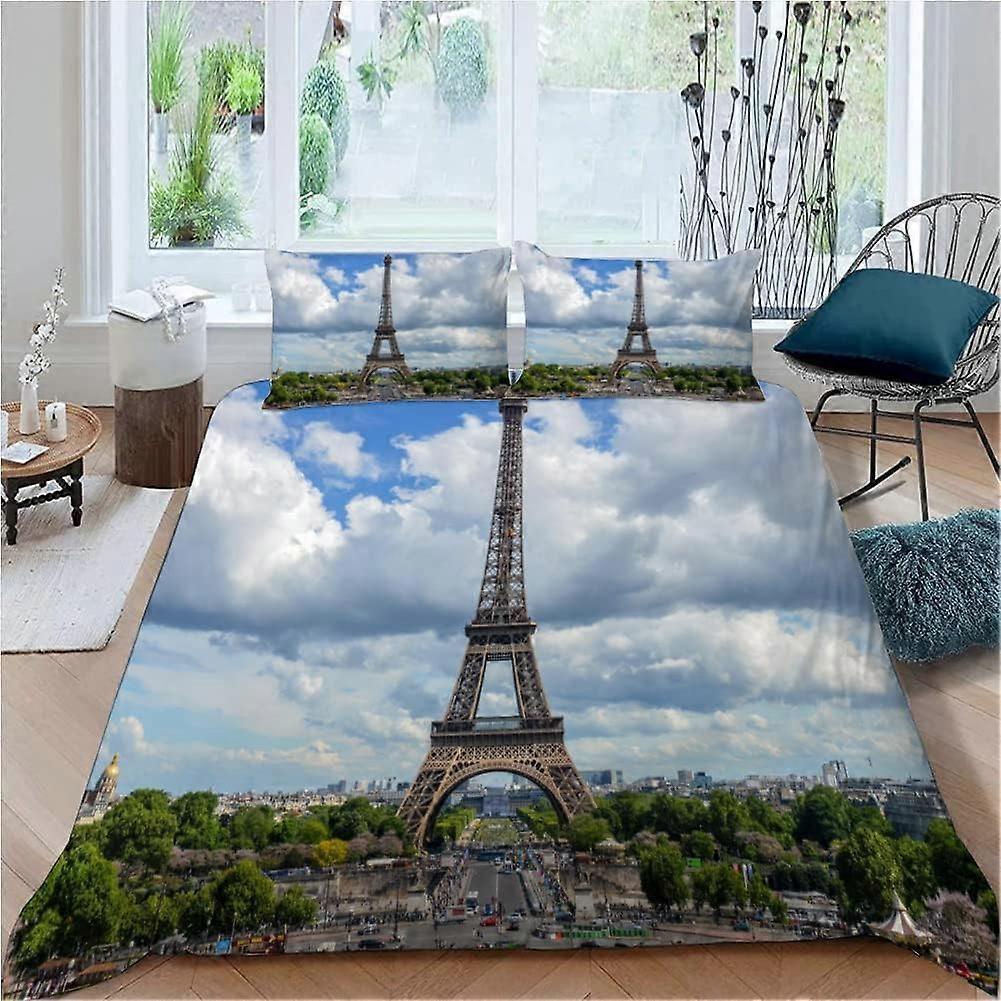 Duvet Cover 200x200 cm Eiffel Tower Buildings Light and Soft Bedding Set for 2 People with Zipper and 2 Pillowcases