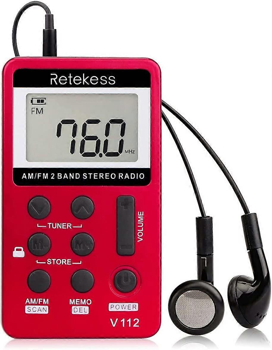 PXCL Portable Pocket Radio Mini Personal AM FM Receiver with Rechargeable Battery and 3.5MM Earphone(Red)
