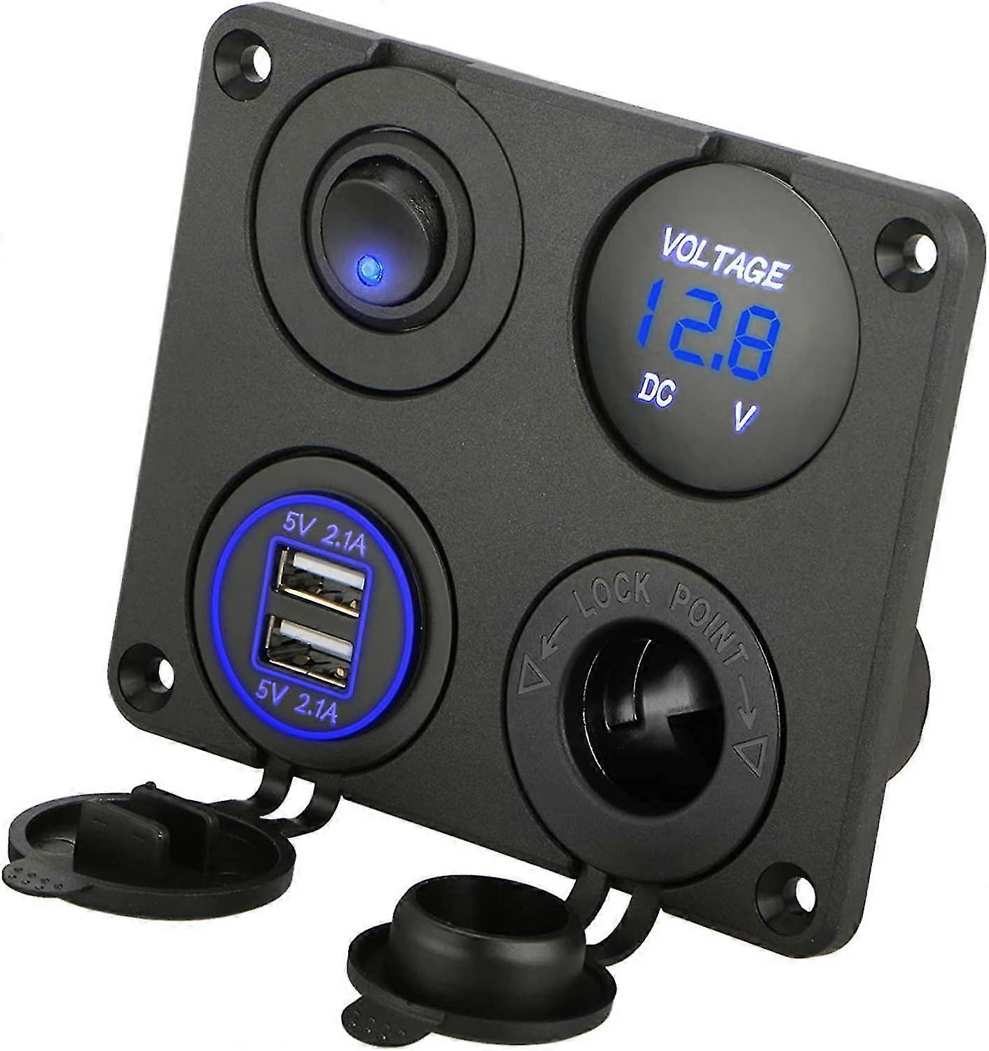Jinxiu 4 In 1 12v Switch Panel, 4.2a Dual Usb Outlet Charger Socket On/off Waterproof Rocker Panel With Digital Voltmeter Cigarette Lighter Socket Le
