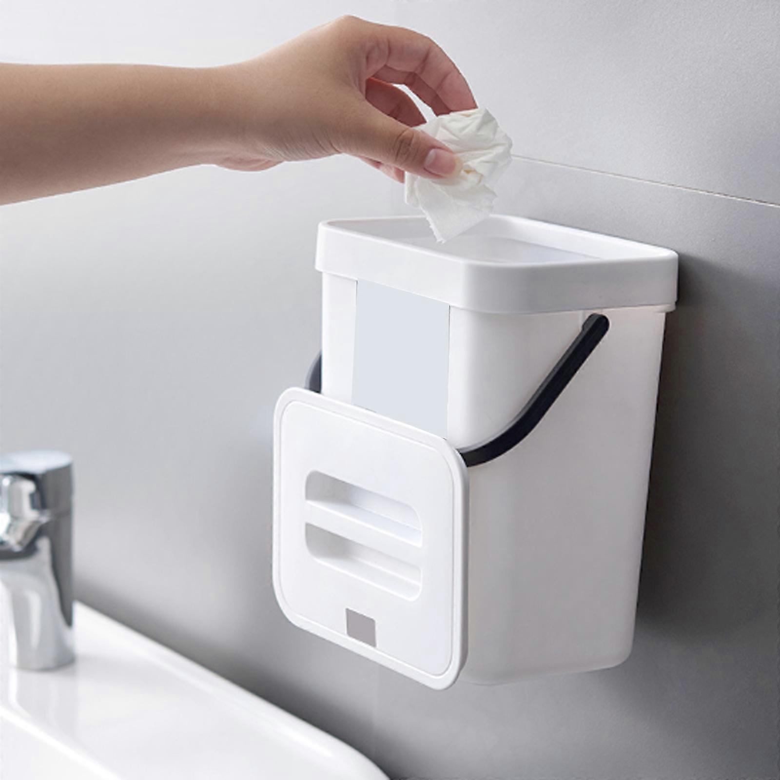 Kitchen Trash Can with Handle,5l Hanging Trash Can for Kitchen Cabinet Door,Kitchen Trash Can with Lid To Hide Odor(White)