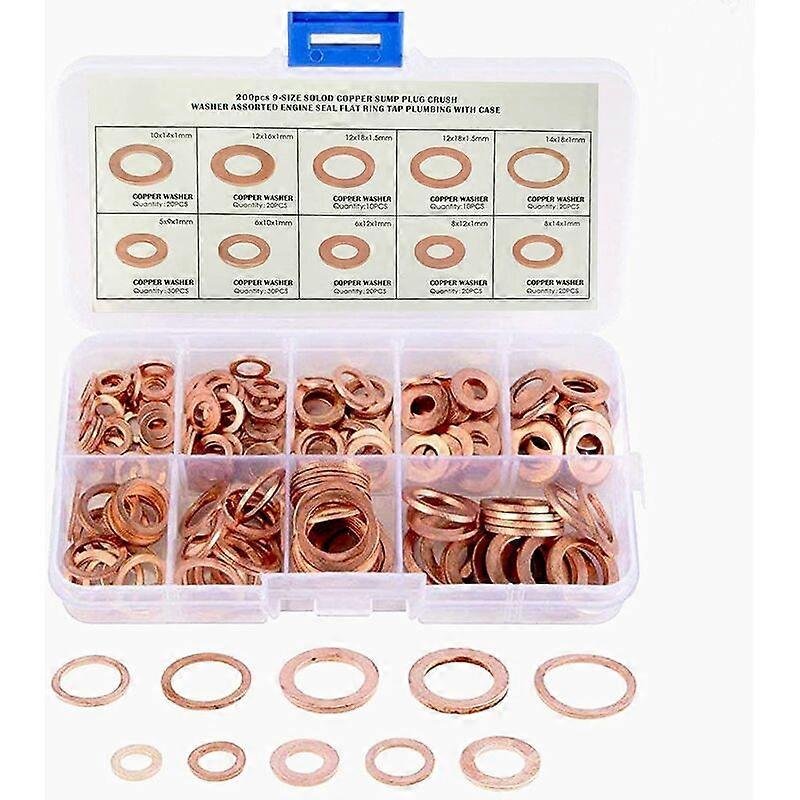 200PCS Copper Flat Washers Kit Round Copper Assortment Kit M5 M6 M8 M10 M12 M14 Metal Washers Gaskets Round Seal Ring for Mechanical 9 Sizes with Plas