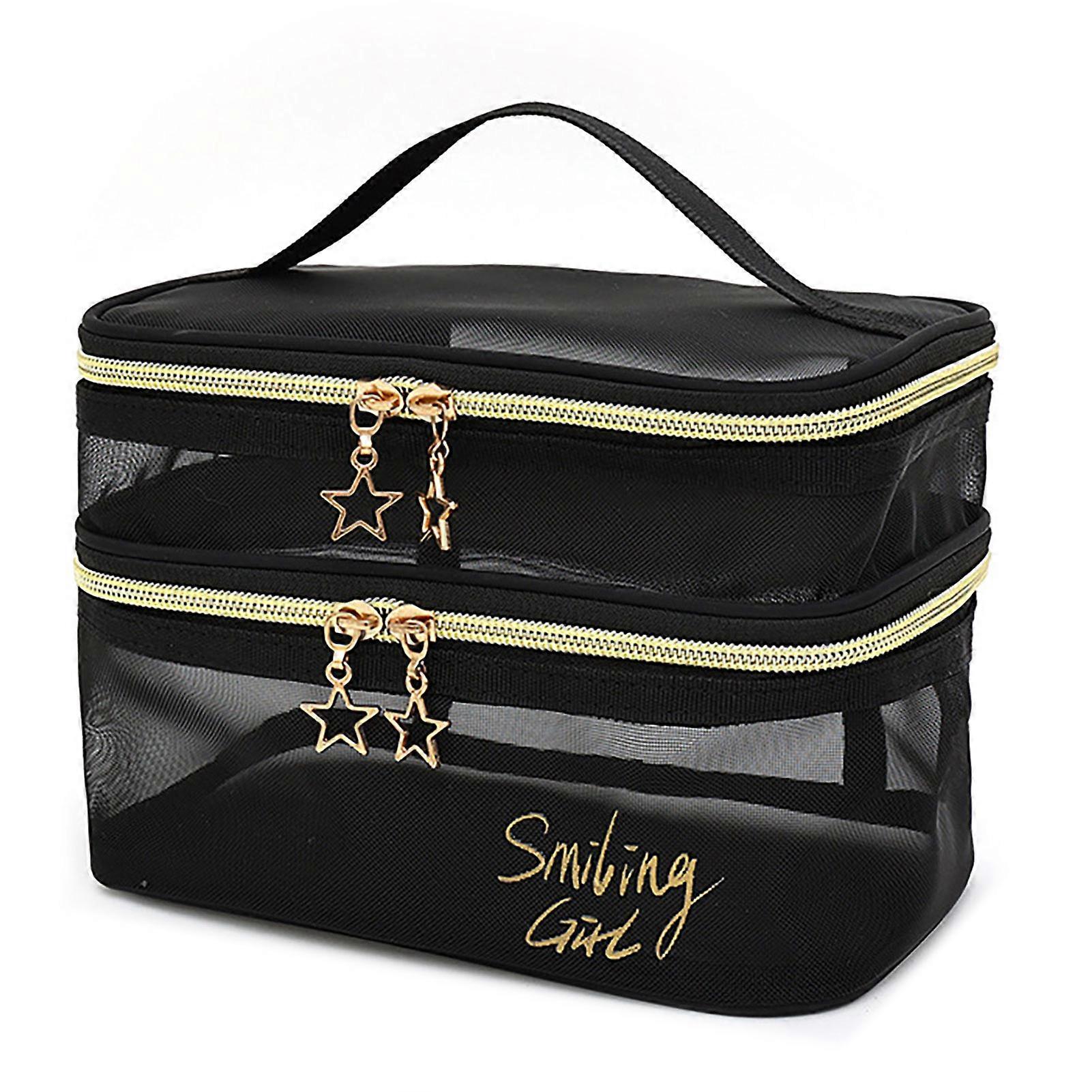 Mesh Makeup Bag Double Layer Transparent Design Easy Access Dual Zipper Closure Multifunctional Toiletry Bag for Makeup Brushes