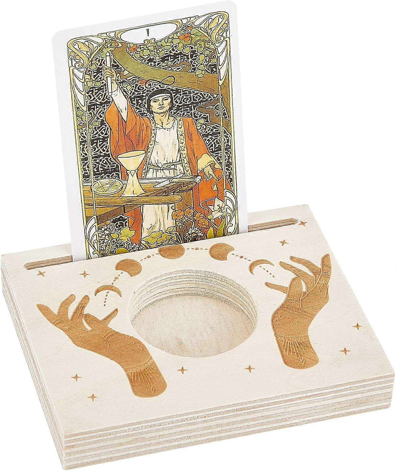 Wooden Tarot Card Stand Carved Candle Holder Moon and Hand of Hope Pattern 10x8x1.5cm Rectangle Shaped Altar Display Stand Holder for Witch Divination