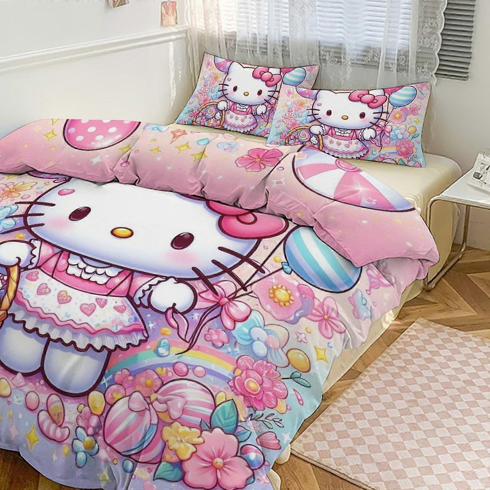 Ez400 Hello Kitty Print Bedding Set Pattern Duvet Cove Set 3 Pieces 1 Quilt Cover And 2 Pillowcases for Women Men Teens Multiple sizes to choose from 