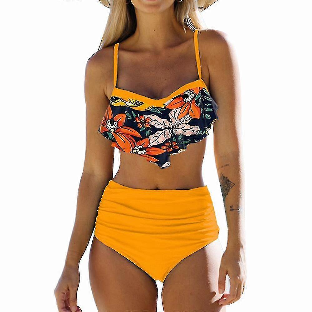 Vrouwen Bloemen Bikini Set Badpak Hoge Taille Veter-up Badmode
