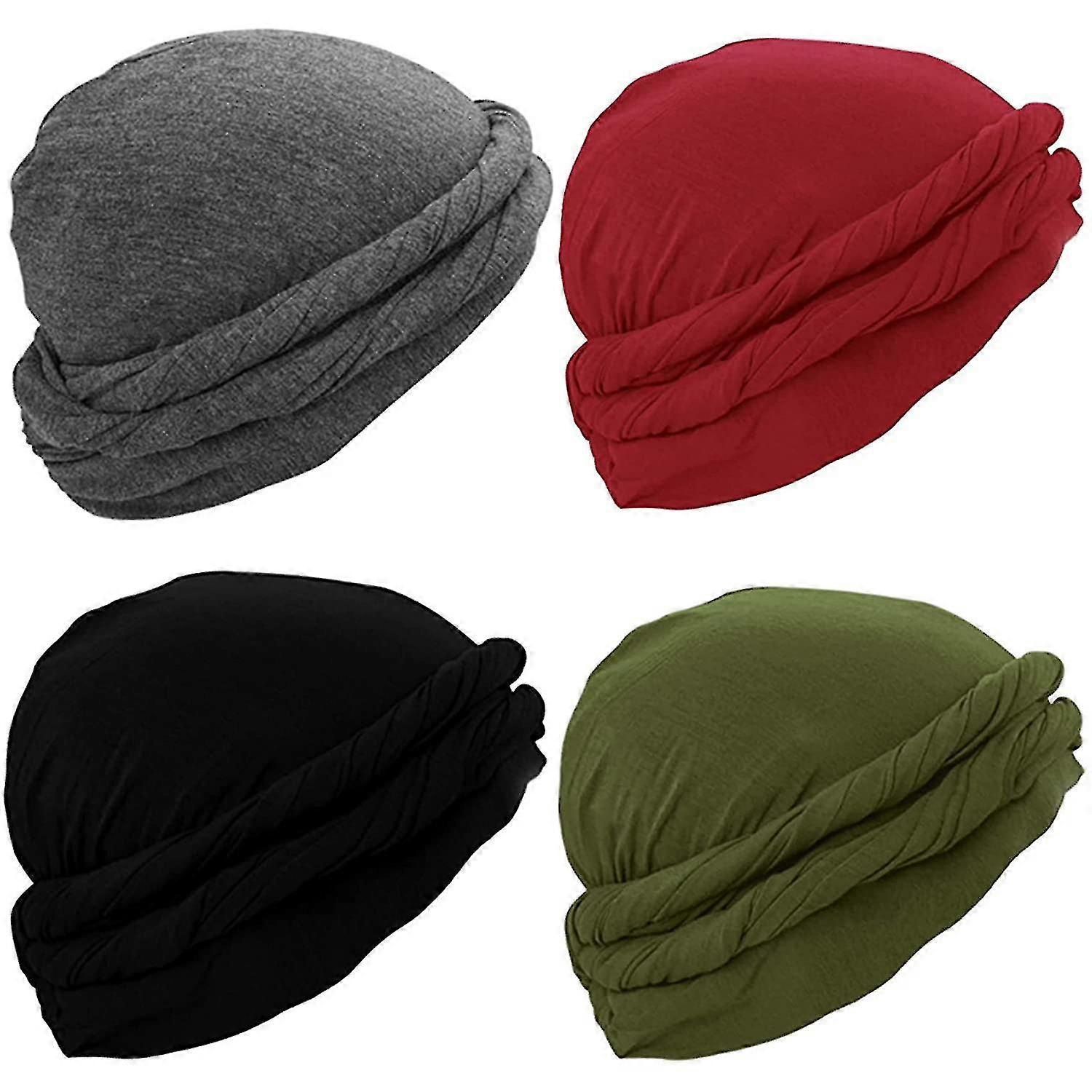 4 قطع عمامة للرجال هالو عمامة Durag خمر عمامة تويست رئيس يلتف مرونة مودال والساتان اصطف عمامة وشاح التعادل للشعر (أسود ، النبيذ الأحمر ، الجيش
