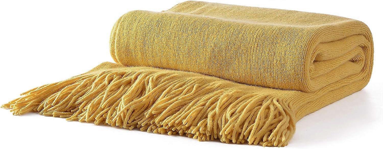 Knitted Blanket 130x240cm (Yellow), Light and Soft Decorative Woven Blanket with Tassels. Perfect for Travel, Couch, Bed, Couch