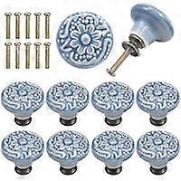 10 Pcs Ceramic Drawer Knobs Vintage Engraving Round Cabinet Door Handle with Screws Blue