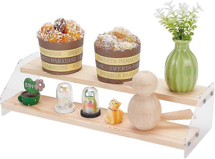 2 Tier Wood Acrylic Display Stand Riser Shelf Wooden Display Shelf Risers Organizer Tabletop Displays Shelves for Collectibles Figures Cupcakes Perfum