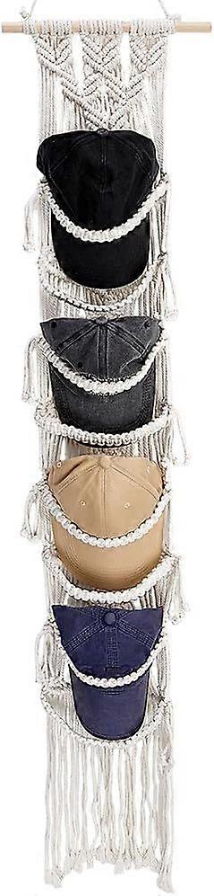 Macrame Cap Holder Boho Hat Organizer for Baseball Caps, 8 Caps Hat Wall Organizer for Caps Hat Rack for Wall Hanging Handmade Cap Hanger with Adhensi