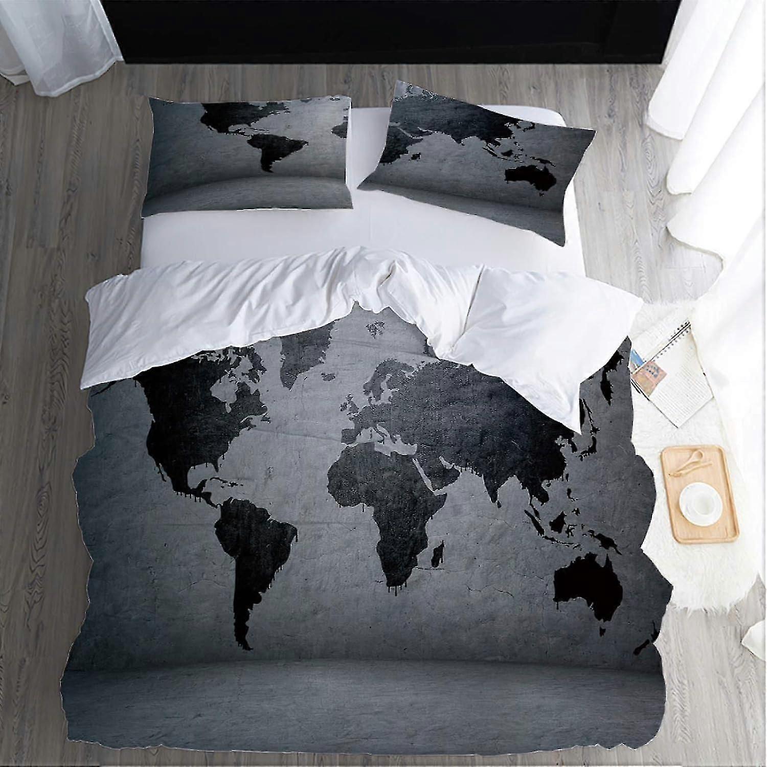 D Påslakan Sängkläder SetCM Världskarta Grå Tryckbitar Microfiber Barn Vuxen Sängkläder Set med Påslakan och Örngott 135 * 200 CM