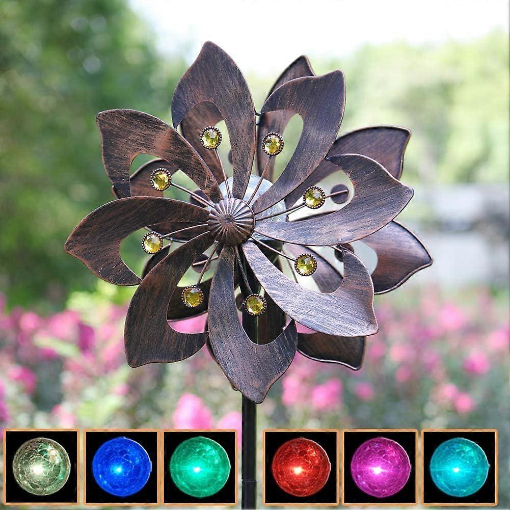 SBSG Solar Copper Wind Spinner with Glass Ball Color Changing LED Lighting with Kinetic Wind Mill Dual Direction for Patio Lawn Garden Holiday Decorat