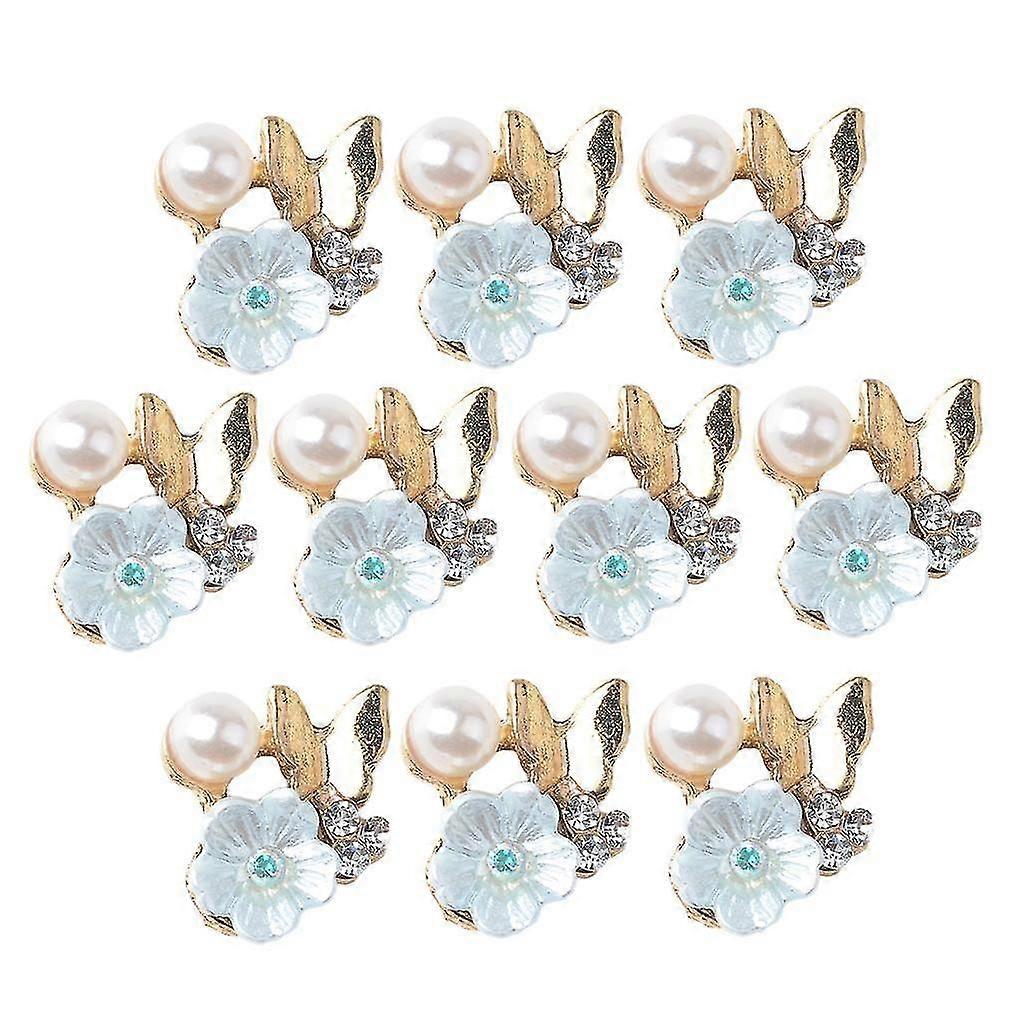 10x Flower Rhinestone Crystal Pearl Embellishment Button Flatback Light Blue