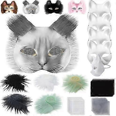 Cat Mask with Fur and Net Eye, DIY Blank Paper Masks, White Painting Paper Masks, Cat Mask for DIY Halloween Mardi Gras Party
