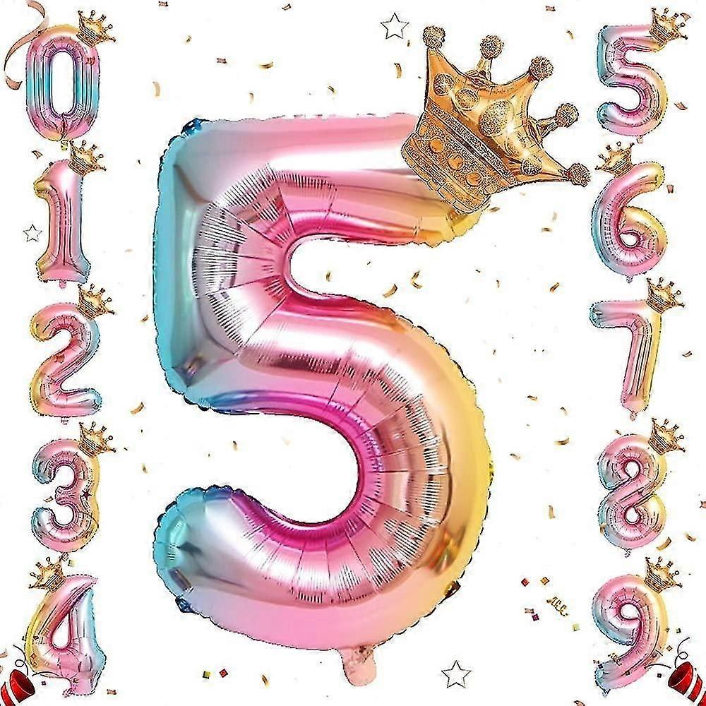 Helium Foil Number Balloon, 32 Inch Rainbow Gradient Number Balloons with Crown for Birthday, Birthd