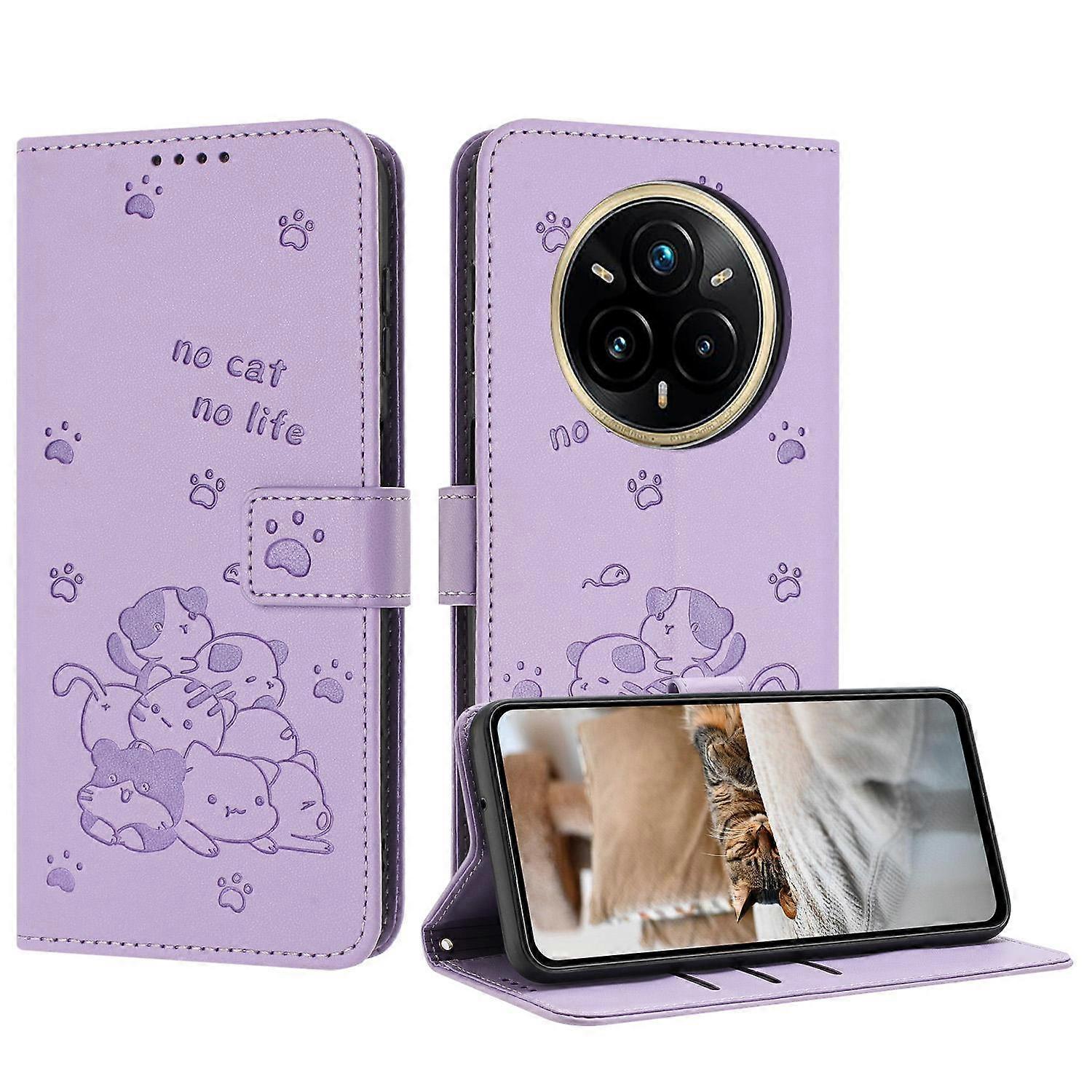 Embossed Kitten Phone Leather Case with Lanyard