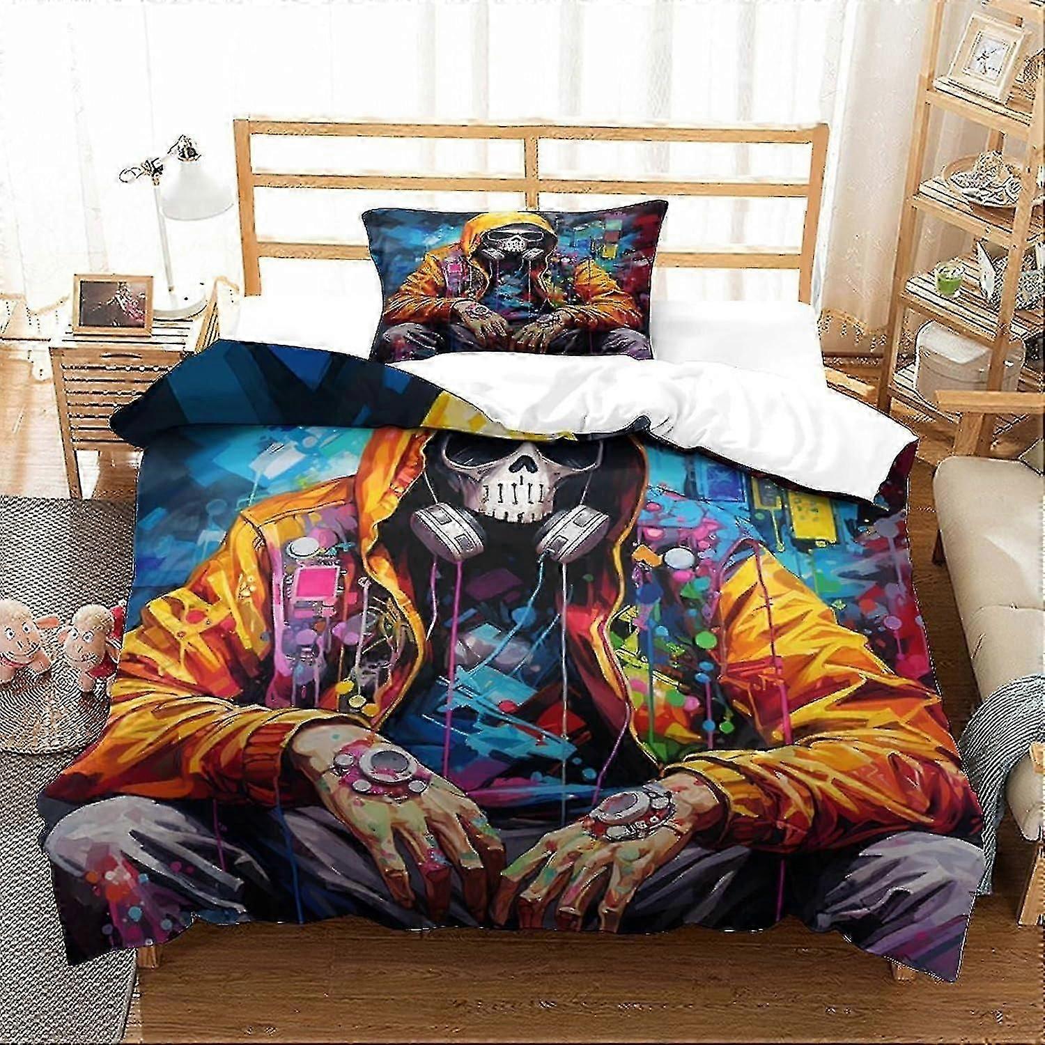 o3881 Lakens Menselijk Skelet Beddengoed Set 3D Street Style Dekbedovertrek Set, Zacht 100% Microfiber Bed Set 2 stuks, Print Enkel Dubbel King Size Microfib