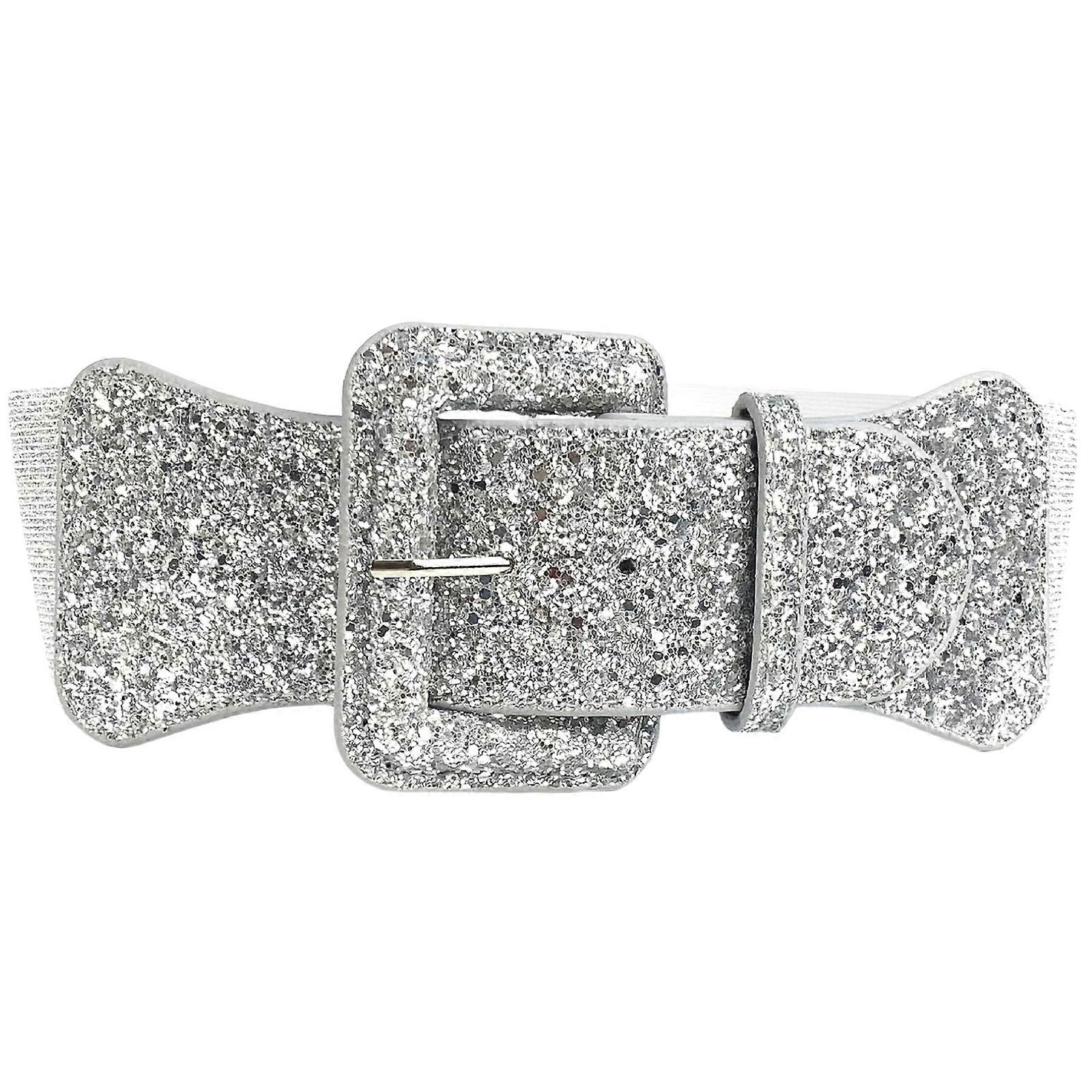 Square Buckle Elastic Belt for Winter Coat Glittering Sequins PU Belt New Year Party Eye Catching Sparkling Waistband  Silver