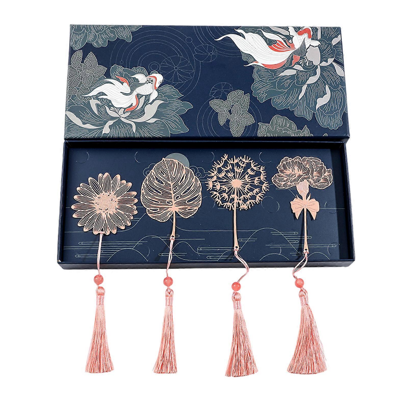 4Pcs Leaf Flower Bookmarks Metal Bookmarks with Tassels Reading Accessory for Book Lover Reader Writer Teacher Student rose gold