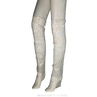 Calze da donna sexy a rete a rete coscia gamba alta scaldamuscoli allover glitter strass see-through calzini lunghi clubwear bianco AB drill