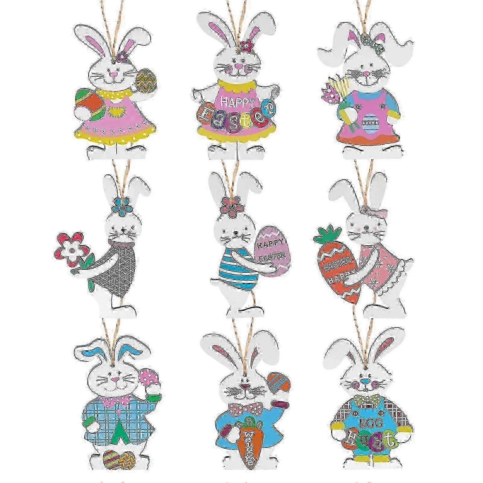 9 Easter Bunny Ornaments Easter Hanging Decorations, Easter Wooden Rabbit Ornaments Hanging Easter