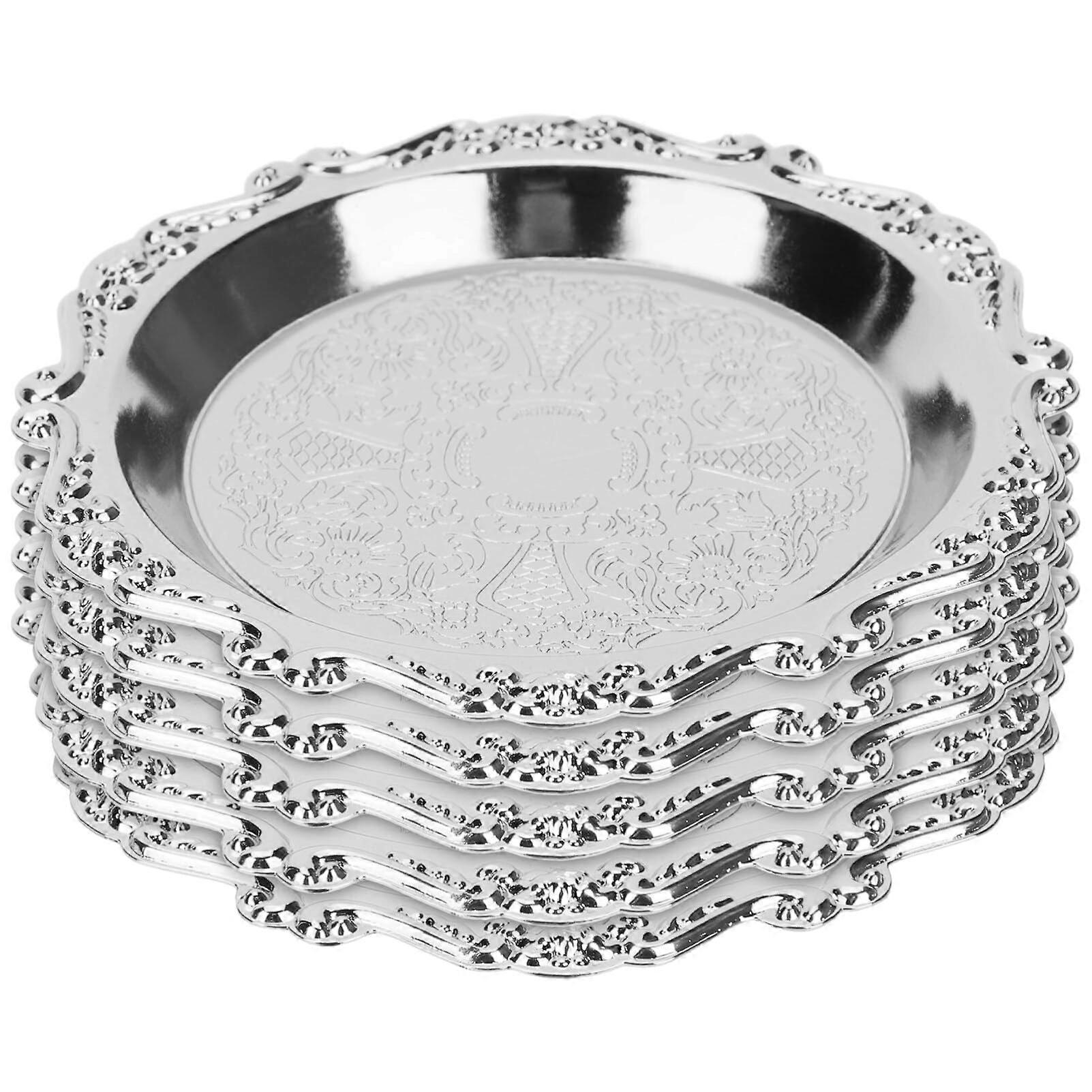 Antique Trinket Dish Flower Shaped Metal Serving Platter Set of 6, Silver Food Tray for Snacks and Candy