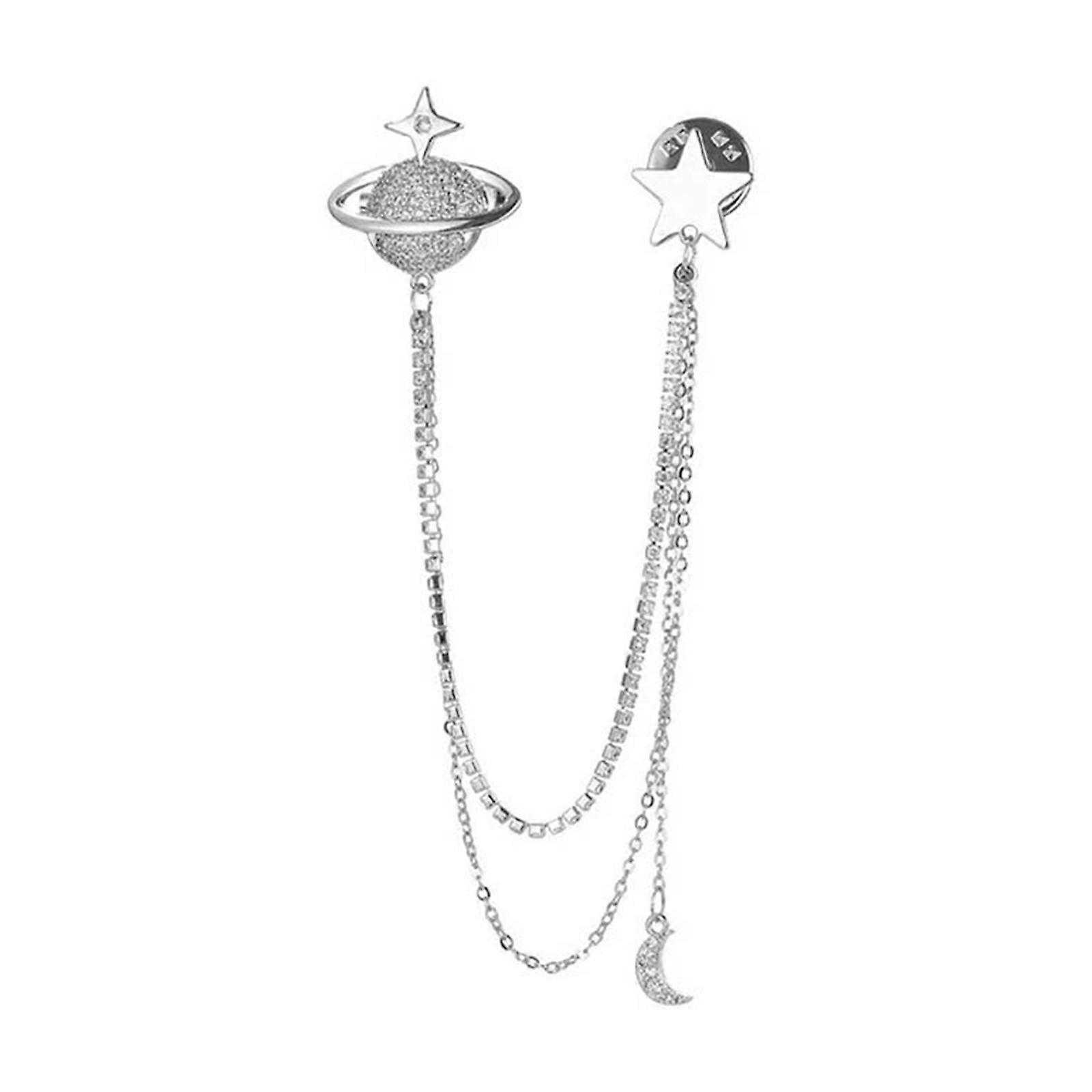 Dazzling Crystal Moon Planet Lapel Pin for Men with Rhinestones Embellishments and Chain for Fashion Enthusiasts