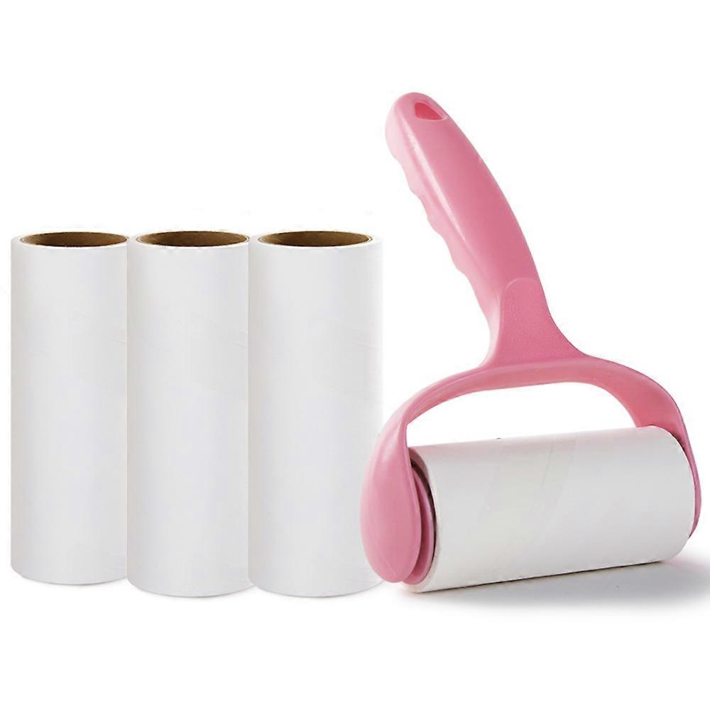 Sticky Roller Brush，5Pcspaper Core Roller Tearable Sticky Hair Roller Brush-1Handle+4Replacement Core-Pink Handle