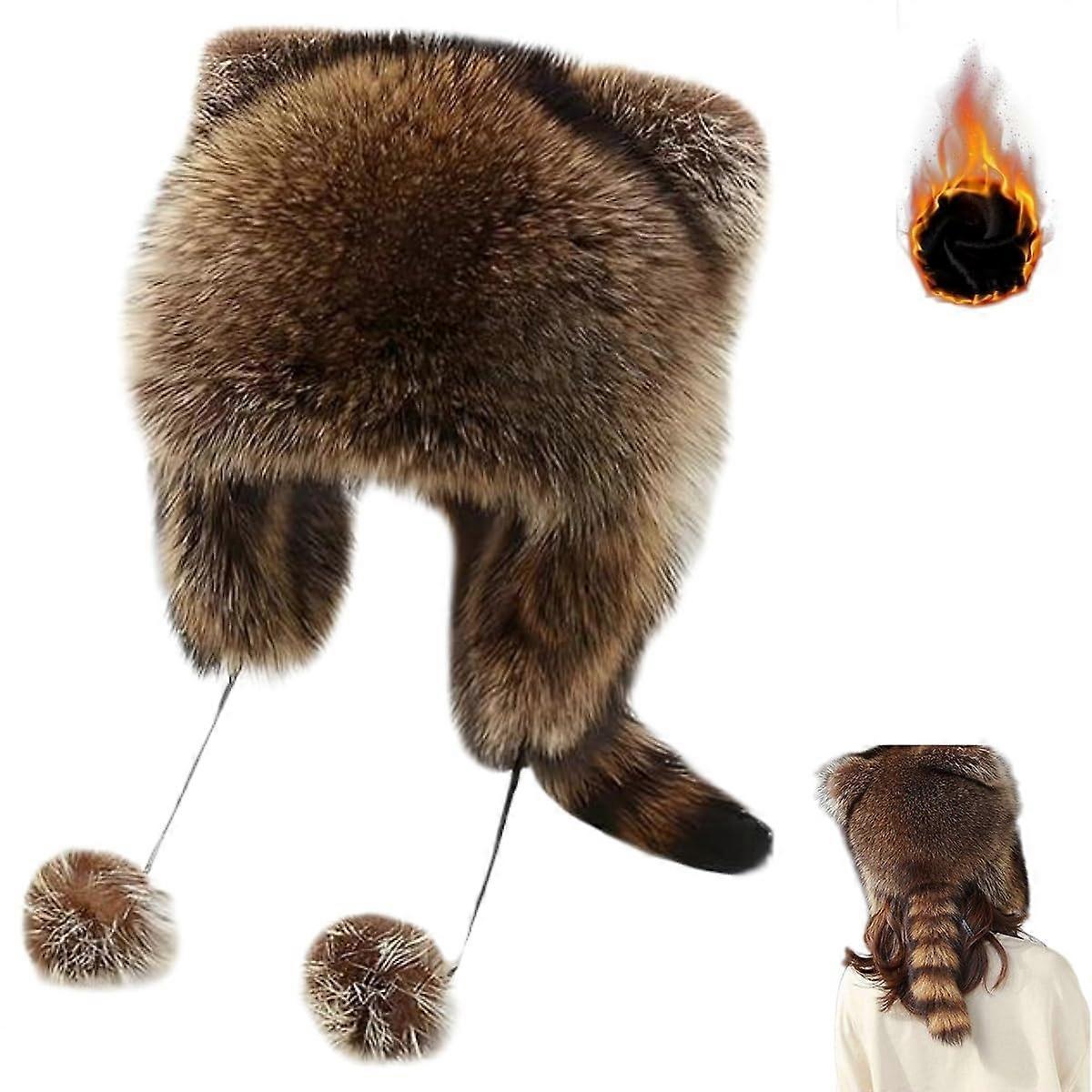 Raccoon Tail Fur ParentChild Plush Hat,Thick Raccoon Tail Hat for Kids Adults,Cute Faux Fur Plush Winter Warm Beanie Cap