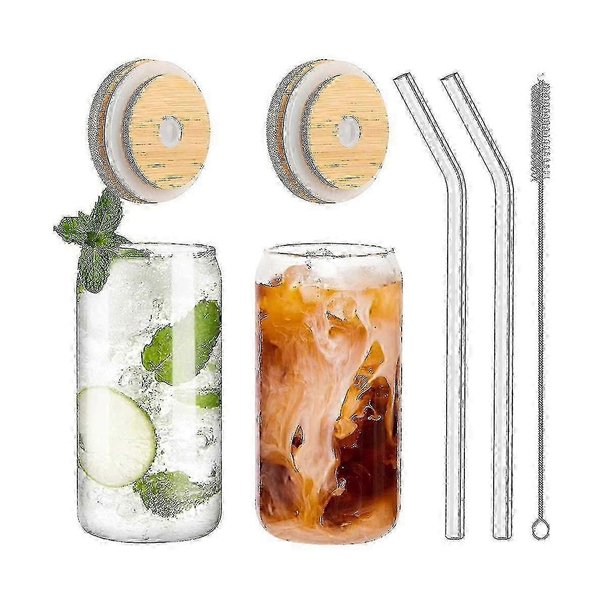 Set of 2 Can-Shaped Drinking Glasses with Bamboo Lids and Straws, 16oz Capacity, Perfect for Beverages and Beer