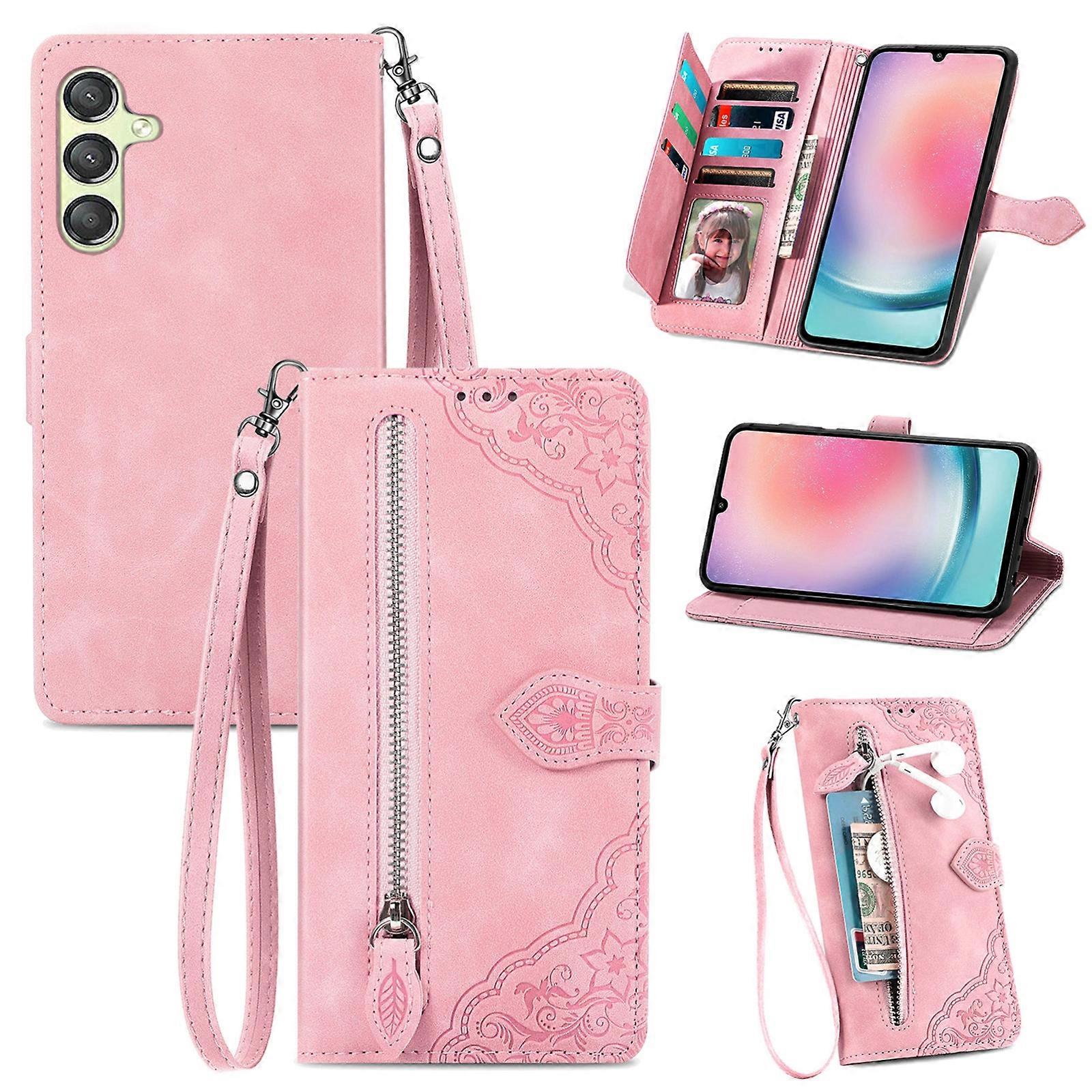 Embossed Flower Zipper Leather Phone Case