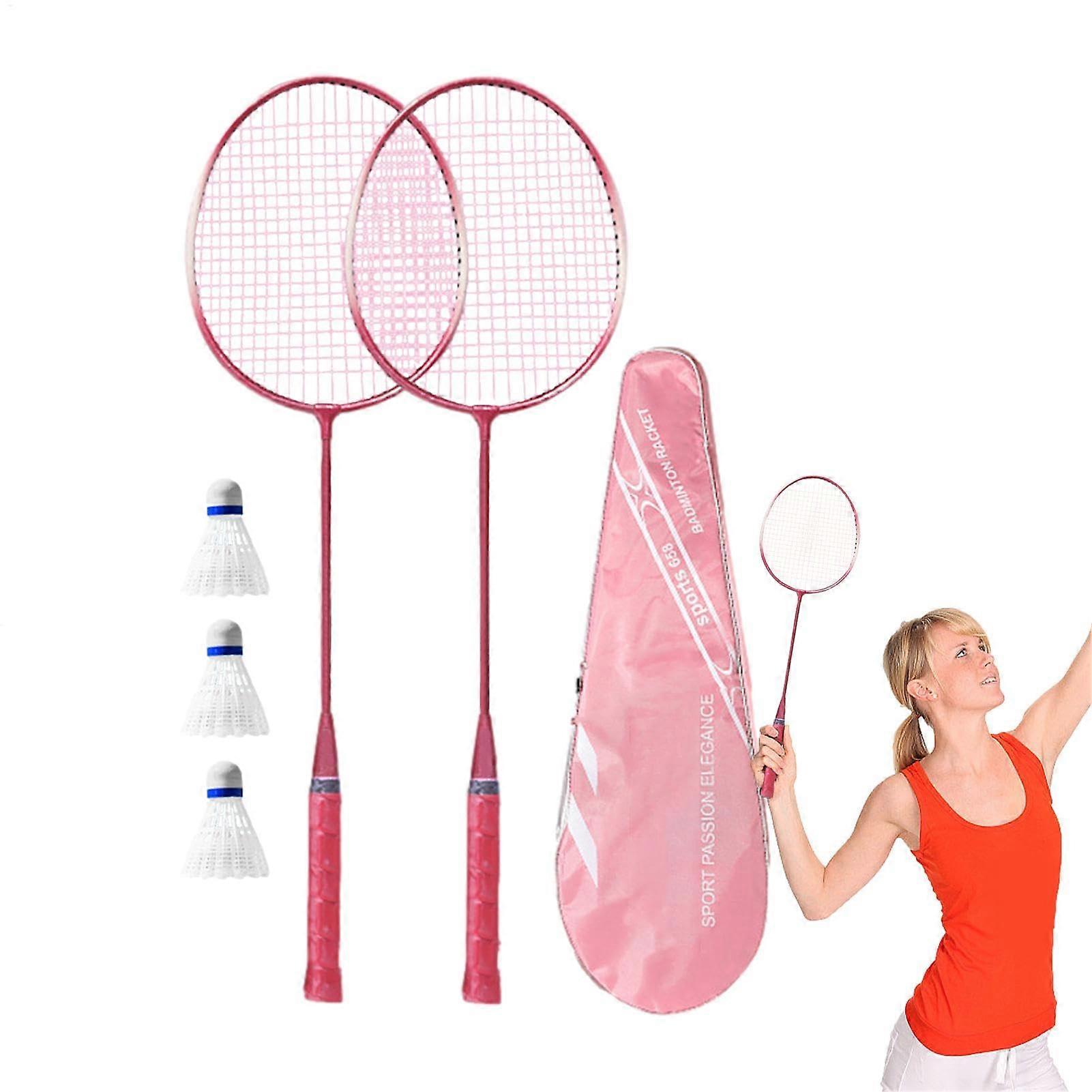 Badminton Set for Adults and Children, Shock-Absorbing Racket with Elastic Handle, Pink Bat, Bag, and 3 Balls
