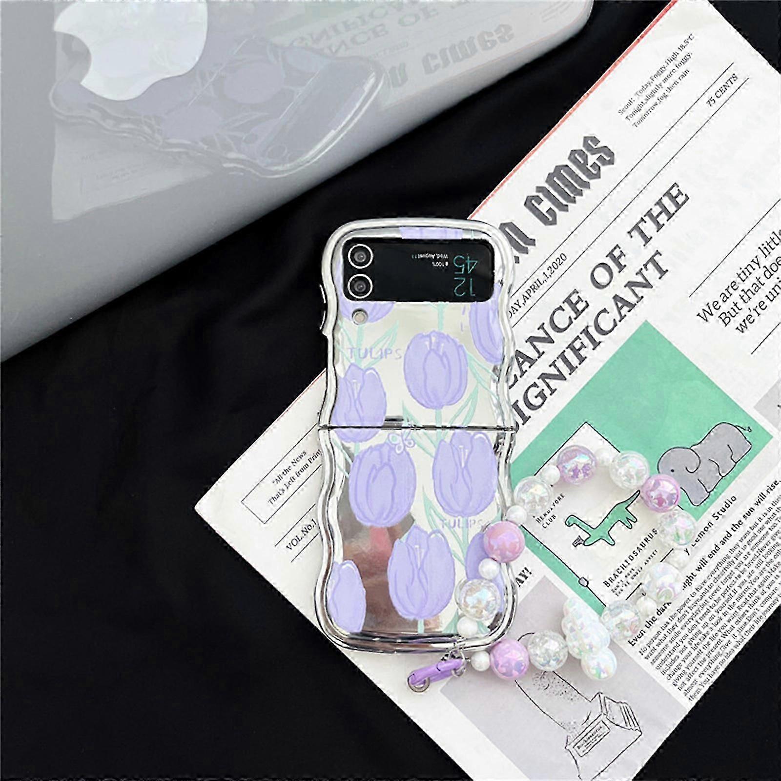 Wave Shell Case for Samsung Galaxy Z Flip 5 with Wrist Strap, Electroplated TPU Case Galaxy Z Flip 5, Shockproof Case Z Flip 5